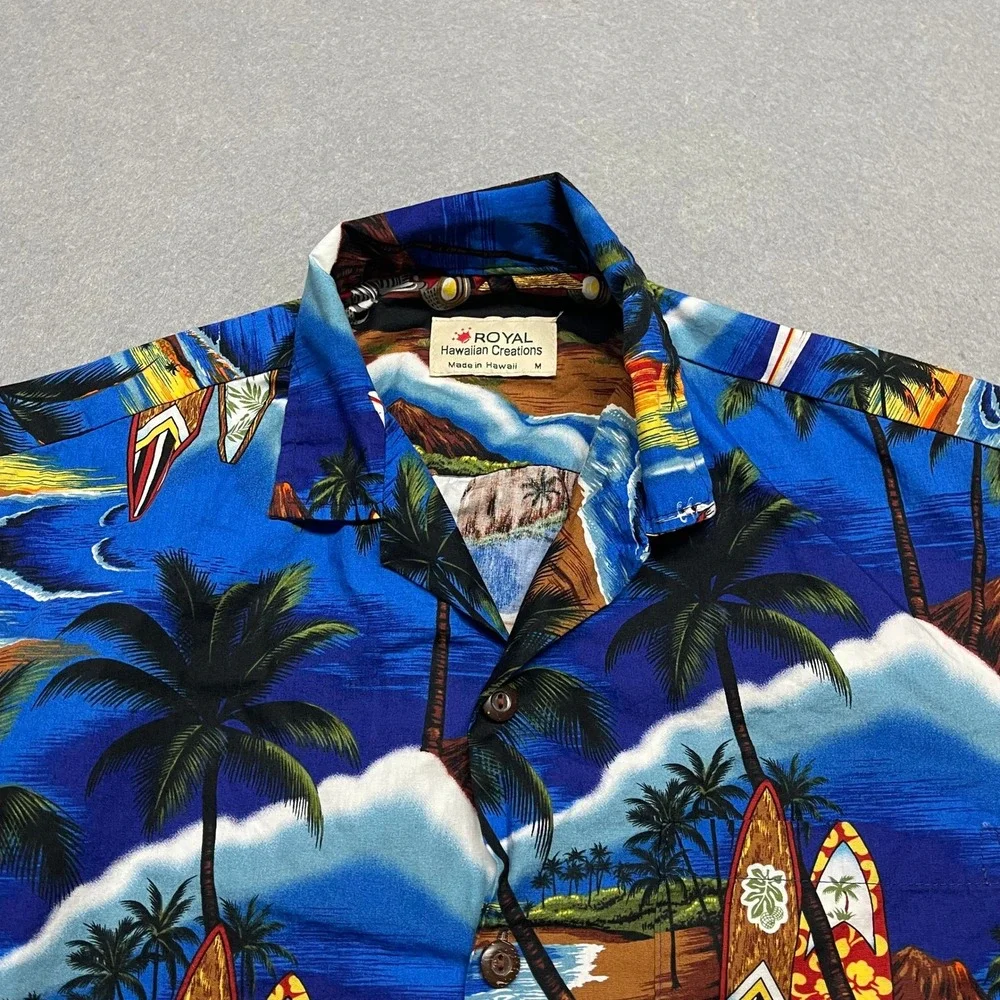 Royal Hawaiian Creations Shirt Mens Medium Blue Tropical Surfboard Classic Cars - Picture 2 of 9